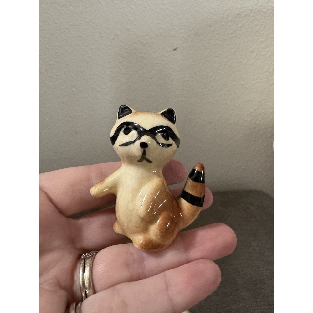 Raccoon Miniature Figurine Trinket  Animal Brown & Black VTG JAPAN